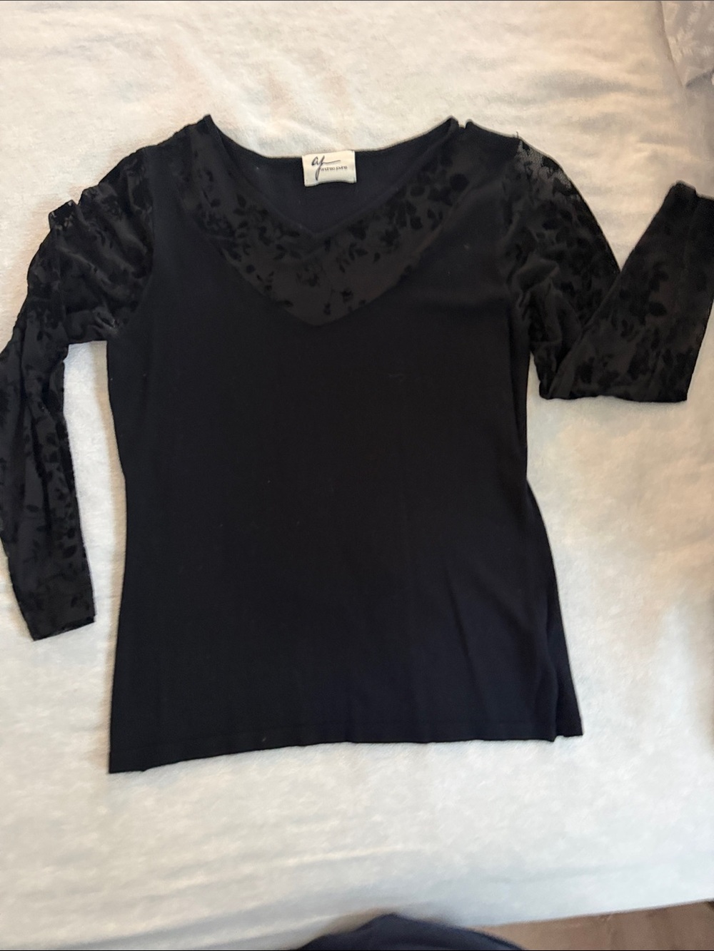 Flocked Velvet Accent Black Long Sleeve Women's Top